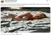 A meme about Hawk Tuah girl's disappearance from the web after her alleged rug pull. The meme reads, "Live shot of the Hawk Tuah girl sleeping on the $50 million she screwed investors out of for her meme coin."