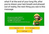 what if at the end of your long life, after you've drawn your last breath and phased out of reality, the next thing you see is this message A meme using the "call Luigi" screen from "Mario Maker 2":https://knowyourmeme.com/memes/subcultures/super-mario-maker-2. The meme reads, "what if at the end of your long life, after you've drawn your last breath and phased out of reality, the next thing you see is this message."