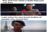 Luke’s blank expression kind of makes it even more sad | /r/PrequelMemes Rey and Finn when a dude they just met died Luke when he saw burnt bodies of people who raised him