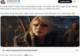 Endymion ✔ @EndymionYT Subscribe CD PROJEKT RED has completely been hit with the DEI ugly stick. What the f--- is this Ciri? And her voice actor is different too. I'm watching this live right now and I am not thrilled. I'm sad dude Rate proposed Community Notes 9:22 PM - Dec 12, 2024 11M Views #THEGAMEAWARDS ↑