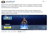 A "tweet":https://knowyourmeme.com/memes/sites/twitter-x using the Renegade Raider "Copypasta":https://knowyourmeme.com/memes/copypasta regarding the return of the OG "_Fortnite_":https://knowyourmeme.com/memes/subcultures/fortnite skin Renegade Raider which sparked backlash levied by OG players. The tweet was posted by "YouTuber":https://knowyourmeme.com/memes/sites/youtube Formula in December 2024.
