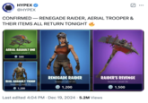 A "tweet":https://knowyourmeme.com/memes/sites/twitter-x that leaked the December 2024 news that Renegade Raider was returning to "_Fortnite_":https://knowyourmeme.com/memes/subcultures/fortnite, sparking backlash and outrage among OG players.