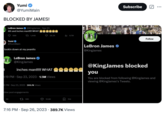 The phrase "Blocked by James" is sometimes used to joke about people being blocked by Lebron James online. The phrase comes from Mike Breen's commentary when Lebron James blocked Andre Iguodala during game 7 of the 2016 NBA Finals between the Cleveland Cavaliers and the Golden State Warriors.