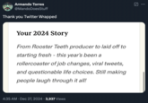 A Twitter (now called X) user says "thank you" to their "Twitter Wrapped 2024." The results come from an AI tool released by Exa AI Labs, which analyzes users' Twitter data to give them their "favorite topics" and "top tweets."