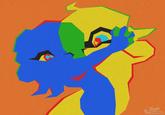 A redraw of a piece of art depicting a yellow figure with blue eyes hugging a blue figure with yellow eyes over an orange background, their faces overlapping in the middle and creating a shade of green. The redraw is by SofyTofy3 and references Splatoon.
