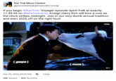 The only new Year's Eve tradition that matters Star Trek Minus Context @nocontexttrek@mastodon.social If you begin #Star Trek: Voyager episode Spirit Folk at exactly 11:49:35 on #NewYears Eve, Ensign Harry Kim will kiss a cow as the clock strikes midnight. Join in our very dumb annual tradition and start 2025 off on the right hoof. (gasps) Dec 26, 2024, 08:09 PM ③ 386 boosts 494 favorites . Tusky (moos) Hide ALT
