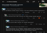← r/chocolate Chocolate Brussels sprouts 12 upvotes 2 comments 9b Chocolate Spee Glass-Flamingo-8369 2h Is it certified child-slave free? If not where was it grown? Reply Qu The-Hammersmith- OP • 21m I don't know bro All I know is that they taste good Glass-Flamingo-8369 11m Or you just like taste of child slavery? 1 1 ♡ Vote Glass-Flamingo-8369 20m Is it because no wages were paid to the farmers and because they were trafficked and forced into slavery for farming it? Do you even care? 8 Vote