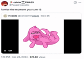 A "tweet":https://knowyourmeme.com/memes/sites/twitter-x using the "GIF":https://knowyourmeme.com/memes/cultures/gif of Lovehound lying on his stomach, kicking his feet, waving, winking and kissing at the viewer. The poster captioned it, ""Furries":https://knowyourmeme.com/memes/cultures/furries-furry the moment you turn 18."