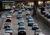 A recaptioned parody version of Real People in Other Cars image that dehumanizes other drivers.