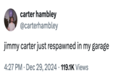 A meme about the death of former "U.S.":https://knowyourmeme.com/memes/cultures/united-states-of-america President Jimmy Carter that's a "tweet":https://knowyourmeme.com/memes/sites/twitter-x reading, "Jimmy Carter just respawned in my garage."