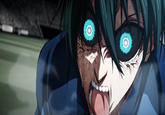 Blue Lock anime still of character Rin Itoshi in his flow state, tongue sticking out and eyes glowing black