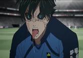 Blue Lock anime still of character Rin Itoshi in his flow state, tongue sticking out and eyes glowing black