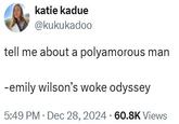 A tweet criticizing Emily Wilson's translation of "The Odyssey." The tweet reads, "tell me about a polyamorous man -emily wilson’s woke odyssey."