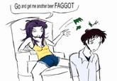 A meme depicting a character throwing a beer bottle at another character from Evangelion's head. The thrower yells at them, "Go and get me another beer f*****."