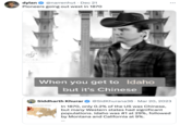 A meme about the When You Get to Heaven but It's "Chinese":https://knowyourmeme.com/memes/cultures/china "TikTok":https://knowyourmeme.com/memes/sites/tiktok video that jokes about Idaho's large Chinese population in the 1870s.