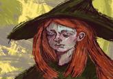 A piece of fan art depicting a witch with ginger hair. The art is based on a viral post imagining a game about a witch in the alps searching for her neighbor's cat.