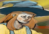 A piece of art depicting a ginger witch. The post is titled, "POV: You just asked your young witch neighbor to help find your cat lost in a small village in the Alps."