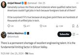 Elon Musk responding to an X user. The response reads, "There is a permanent shortage of excellent engineering talent. It is the fundamental limiting factor in Silicon Valley."