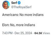 Serf @TheRoyalSerf Americans: No more indians Elon: No, more indians 7:43 PM Dec 25, 2024 64.5K Views