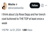 A "tweet":https://knowyourmeme.com/memes/sites/twitter-x about the Instagram story from a fan who met Lily-Rose Depp and 070 Shake in SoHo, New York, and was turned off by Depp's "crazy attitude" and outfit with a "trench coat buttoned to the TOP and these ballerina ass slippers."