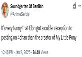 A user compares the reception Elon Musk (or a person posing as him) got on 4chan against that the creator of My Little Pony got in the past.