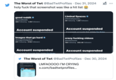A "tweet":https://knowyourmeme.com/memes/sites/twitter-x about the "Discord":https://knowyourmeme.com/memes/sites/discord user harkits being banned on "Twitter / X":https://knowyourmeme.com/memes/sites/twitter-x on all of his Stake-sponsored accounts.