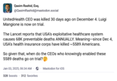 Qasim Rashid, Esq. @QasimRashid@mastodon.social UnitedHealth CEO was killed 30 days ago on December 4. Luigi Mangione is now on trial. The Lancet reports that USA's exploitative healthcare system causes 68K preventable deaths ANNUALLY. Meaning—since Dec 4, USA's health insurance corps have killed ~5589 Americans. So given that, when do the CEOs who knowingly enabled these 5589 deaths go on trial? Jan 03, 2025, 06:34 AM ⚫ Mastodon for iOS 328 boosts 312 favorites