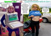 An AppleGirl is dressed as an Apple IIe running The Oregon Trail is juxtaposed against the older Commodore MILF. AppleGirl complains about the augmentation, but Commodore MILF shoots back that Apples are kind of useless without augmentation via lot of cards and that even the Vic-20 can hold its own against Apples. 

Inspired by the 8-bit computer wars circa 1976-1994, the long-running feud between the 6502 based machines continues.  Apple frequently gets credit for creating the personal computers despite the Commodore PET predating the Apple II by 6 months, and the Commodore KIM predating the Apple I in 1976.  The rivalry continues though the original Commodore (CBM) doesn't exist any more except as a ghost of its former self.  Apple survived despite having inferior hardware and OS and this bizarre outcome has only perpetuated the bitter rivalry.  

AppleGirl is an unknown. Commodore MILF is amateur model "Lucia Maria" aka "Bridgette Carreaux".
Photography for Apple Girl is unknown. Photography of Commodore MILF is from Commodore Amiga Cuties Project.

Whether or not "The Oregon Trail" was ever released for Commodore machines is slightly murky. There are references to a game by that name but it may be an unofficial release.  
https://gb64.com/game.php?id=11322&d=18&h=0

There is however an expanded variant of Oregon Trail for the C64, by MECC, simply called "Expeditions", of which, Oregon is just one of three parts of the larger game.  There are a couple other games packaged with it as "Expeditions".  It appears to have been much more popular in Canada than the US.  A playable copy is available via in-browser emulation, but you need to follow the directions and switch to emulating an NTSC C64 (otherwise the emulation defaults to PAL mode and won't run the game), then continue with the instruction on the Archive page.  It runs, but the emulation is slow.
https://archive.org/details/mecc_expeditions

https://www.deviantart.com/lightbend/art/The-Apple-II-Line-Was-Mostly-Crap-1044779251