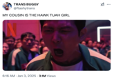 MY COUSIN IS THE HAWK TUAH GIRL TRANS BUGGY @flashytrans MY COUSIN IS THE HAWK TUAH GIRL 6:16 AM Jan 3, 2025 3.1M Views ...
