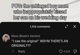 A screenshot of a video referencing the Lanealexisxo wedding TikTok slideshow. The post expresses shock that there is an actual video of a mother-in-law kissing her son on the lips during his wedding day.