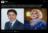 Bailz @BailzSmallwood Canadian Prime Minister Justin Trudeau is reportedly set to resign, Jaylene Tyme is in talks to be the new prime minister of Canada. 11:07 PM - Jan 6, 2025 - 333 Views x1
