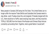 Donald J. Trump @realDonaldTrump • 14m Many people in Canada LOVE being the 51st State. The United States can no longer suffer the massive Trade Deficits and Subsidies that Canada needs to stay afloat. Justin Trudeau knew this, and resigned. If Canada merged with the U.S., there would be no Tariffs, taxes would go way down, and they would be TOTALLY SECURE from the threat of the Russian and Chinese Ships that are constantly surrounding them. Together, what a great Nation it would be!!! 543 1.09k 4.15k