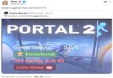 A tweet sharing a screenshot of a review for "Portal 2" on DEI Watchdog calling the game woke. The tweet reads, "When a game has women in it."