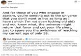 A screenshot of Club Chalamet criticizing people for hating on her for her age. She is 58 and runs a Timothee Chalamet fan page.