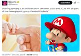 A Dexerto X post. The post reads, "Starting January 1, all children born between 2025 and 2039 will be part of the demographic group 'Generation Beta."