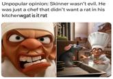 An image macro showing a scene from Ratatouille. The caption reads, "Unpopular opinion: Skinner wasn't evil. He was just a chef that didn't want a rat in his kitchen wgat is it rat."