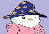 A cartoon penguin in a wizard hat winking. This is Pudgy Penguin #0.