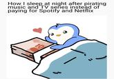 A meme reading, "How I sleep at night after pirating music and TV series instead of paying for Spotify and Netflix." The meme shows a Pudgy Penguin in bed with a big stack of money.