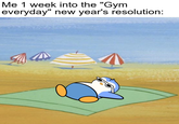 A meme captioned, "Me 1 week into the "Gym everyday" new year's resolution." The meme shows a penguin chilling on the beach.