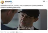 sophie @netcapgirl me to the people running election simulations instead of creating shareholder value: (WHISPERS) Another life is possible, brother. • 1:08 PM - Nov 5, 2024 31K Views