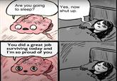 Be proud of yourself Are you going to sleep? Yes, now shut up. You did a great job surviving today and I'm so proud of you