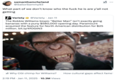 A "quote tweet":https://knowyourmeme.com/memes/quote-retweets-qrts about the Robbie Williams biopic "Better Man" failing in the US. The American user says, "What part of, 'We don’t know who he is,' are y’all not getting."