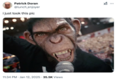 A meme with a monkey singing into a microphone from the Robbie Williams biopic "Better Man" which failed in its American theater release.