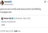 A tweet reading, "grown ass man currently under house arrest for sex trafficking investigation btw." The tweet is in response to Andrew Tate tweeting, "Lasan" to Hasan Piker.