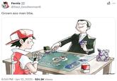 An image of Giovanni playing against Ash in the Pokemon card game. The tweet reads, "grown man btw."