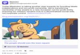 Mastodon @Mastodon@mastodon.social Today Mastodon is taking another step towards its founding ideals: independence and non-profit ownership. We're transferring ownership of key assets to a new, European not-for-profit entity, ensuring our mission remains true to a decentralised social web, not corporate control. #Mastodon Non Profit blog.joinmastodon.org/2025/01/... Mastodon Blog The people should own the town square More from @Mastodon Jan 13, 2025, 11:15 AM Web 3.1K boosts 3.4K favorites