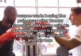 A meme showing Dwayne Wade boxing. The meme reads, "Dwayne wade boxing the pain away after Bronny played an NBA game with his dad while his son is probably playing truth or dare with another man."