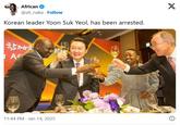 Korean leader Yoon Suk Yeol, has been arrested. African @ali_naka Follow Korean leader Yoon Suk Yeol, has been arrested. 함께 Af 11:44 PM Jan 14, 2025 X