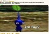 An image of a blue Pikmin. Beside his head is the caption, "I'm f*g?" The Reddit post is titled "When someone who plays COD and Fortnite calls you gay for liking Nintendo and Pikmin."
