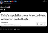 Slazac @TrueSlazac >do nothing >win V China's population drops for second year, with record low birth rate By Farah Master January 17, 2024 9:50 AM GMT+1 Updated a year ago 1:57 PM · Jan 14, 2025 11.7K Views 口 Aa
